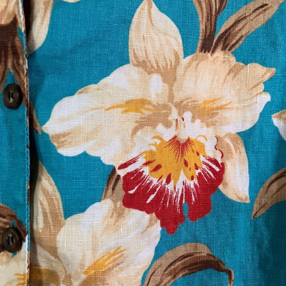 Jones New York Vintage 90s Floral Linen Hawaiian Shirt Small Petite Blue SP EXC - Picture 6 of 11